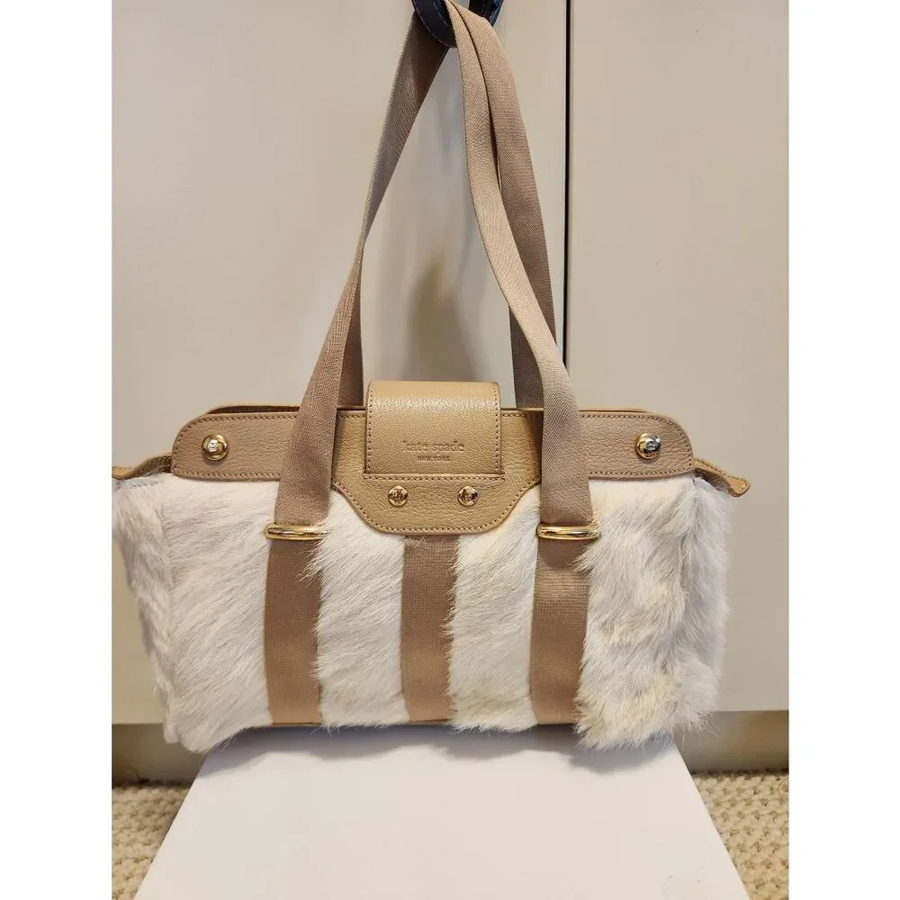 Kate Spade New York Faux Fur Shearling/Cream Leather Satchel Shoulder Bag $498